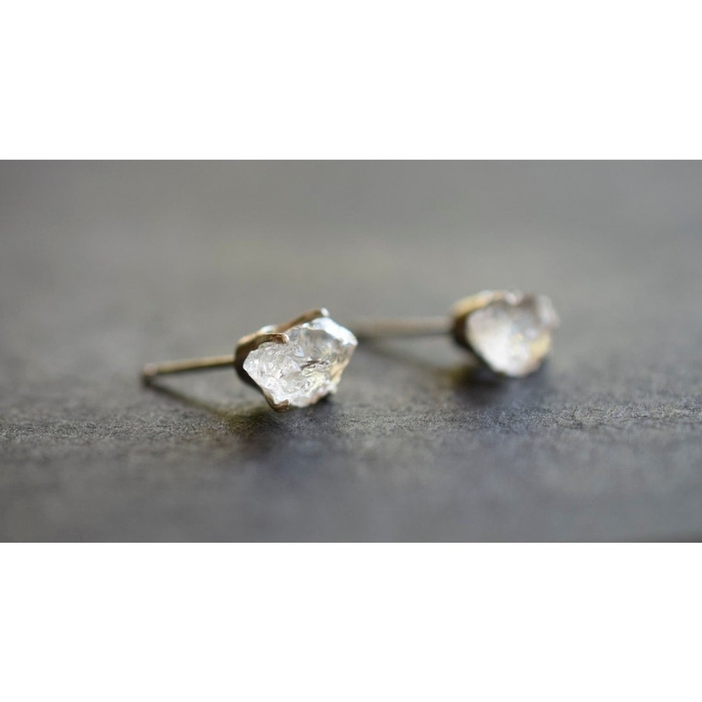 Sterling silver stud earrings, alternative diamond, uncut natural gemsto…